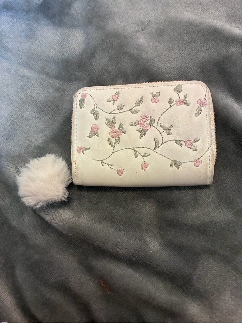 Floral Embroidered Zip Wallet with Pom Pom - White Pink